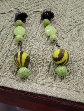Green Beaded Dangle Earrings - Lime Green Glass ?